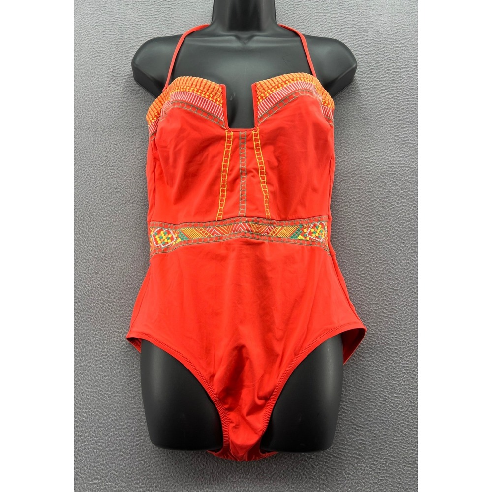 Nanette Lepore Swimsuit Women's Size Large Orange Embroidered Halter One Piece